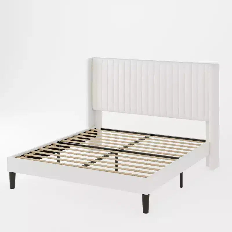 Lit rembourré en velours avec tête de lit capitonnée à oreilles, aucun sommier tapissier requis