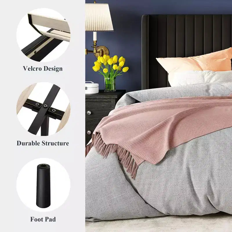Lit rembourré en velours avec tête de lit capitonnée à oreilles, aucun sommier tapissier requis