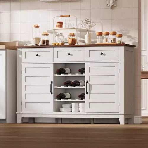 53.5 in Farmhouse Buffet Cabinet with Storage, Storage Cabinet with 3 Drawer, Reversible Wine Rack, Farmhouse Sideboard with Adjustable Shelf