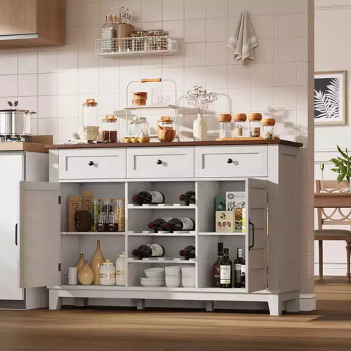 Buffet de ferme de 135,9 cm avec rangement, armoire de rangement avec 3 tiroirs, casier à vin réversible, buffet de ferme avec étagère réglable