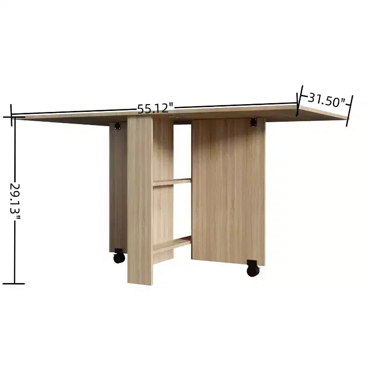 Table de cuisine extensible moderne Okak 55 po, table à manger peu encombrante avec 2 roulettes et 2 étagères de rangement, table pliante pour salon, en bois