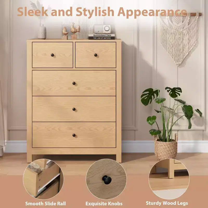 Commode à 5 tiroirs cannelés, commode moderne en grain de bois, avec tiroirs profonds