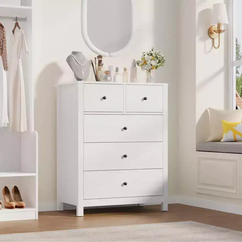 Commode à 5 tiroirs cannelés, commode moderne en grain de bois, avec tiroirs profonds