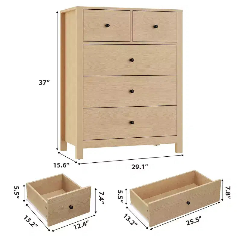 Commode à 5 tiroirs cannelés, commode moderne en grain de bois, avec tiroirs profonds
