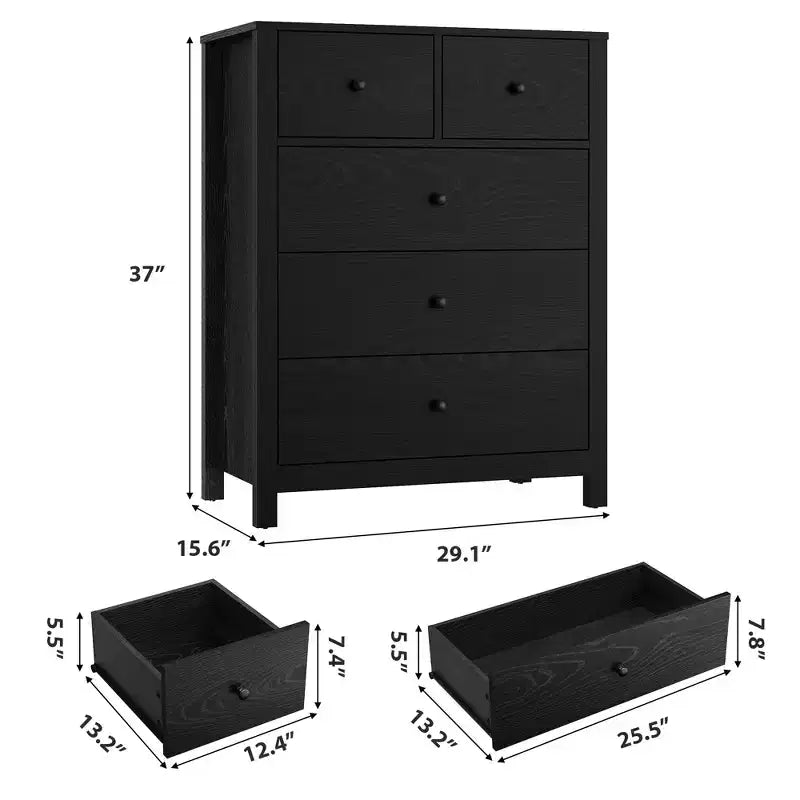Commode à 5 tiroirs cannelés, commode moderne en grain de bois, avec tiroirs profonds