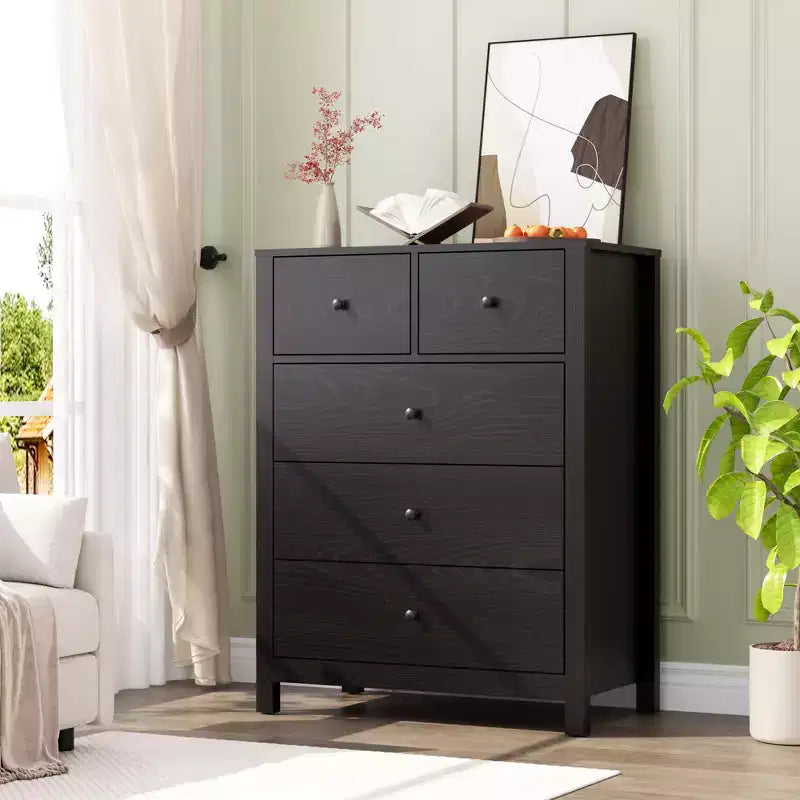 Commode à 5 tiroirs cannelés, commode moderne en grain de bois, avec tiroirs profonds