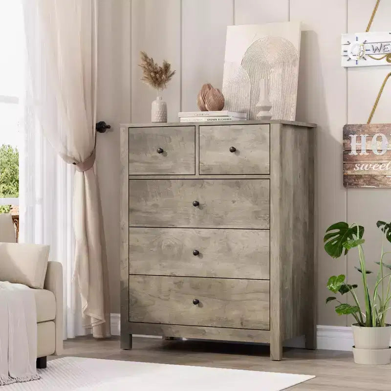 Commode à 5 tiroirs cannelés, commode moderne en grain de bois, avec tiroirs profonds