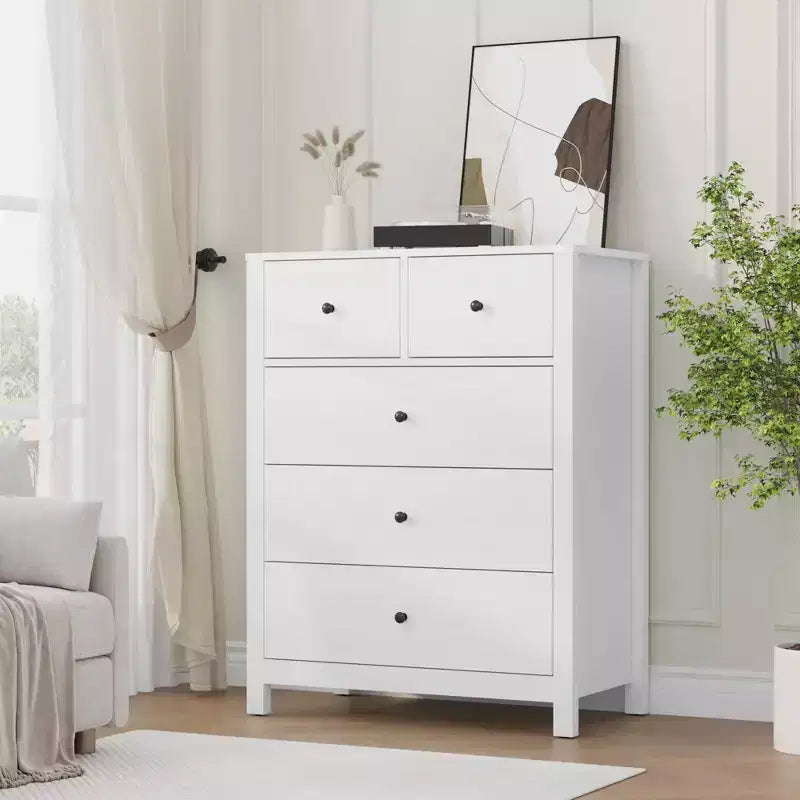 Commode à 5 tiroirs cannelés, commode moderne en grain de bois, avec tiroirs profonds