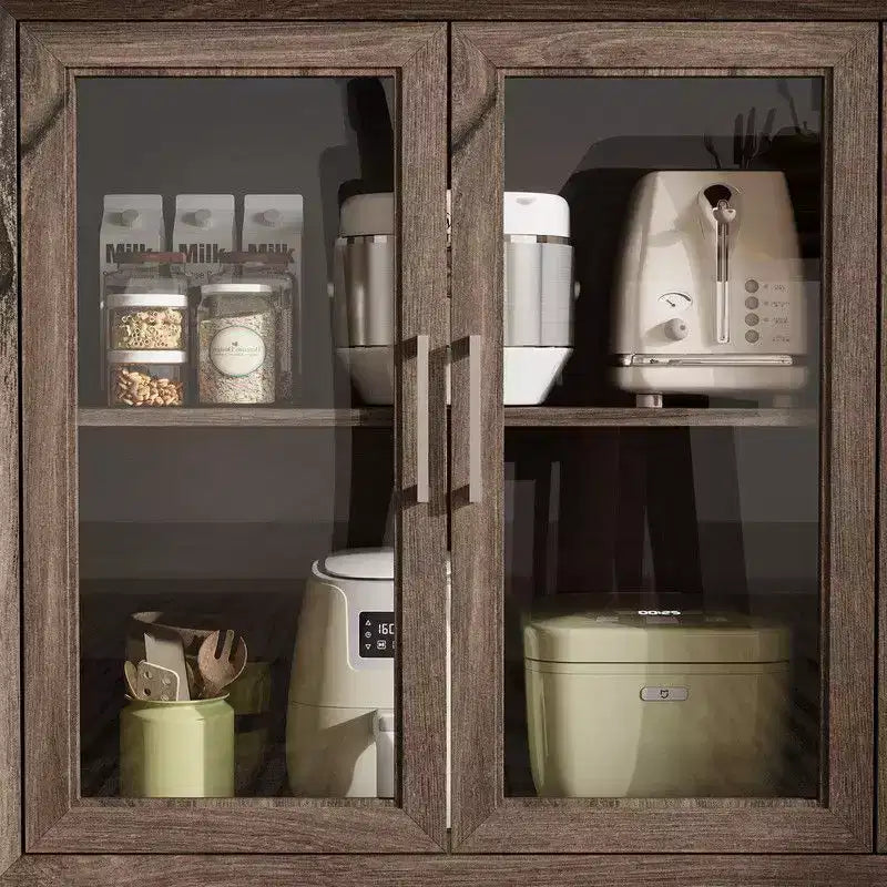 Placard de cuisine Famapy avec porte vitrée, buffet de cuisine, armoire de rangement multi-étagères pour l'organisation, pour salle à manger, marron/blanc