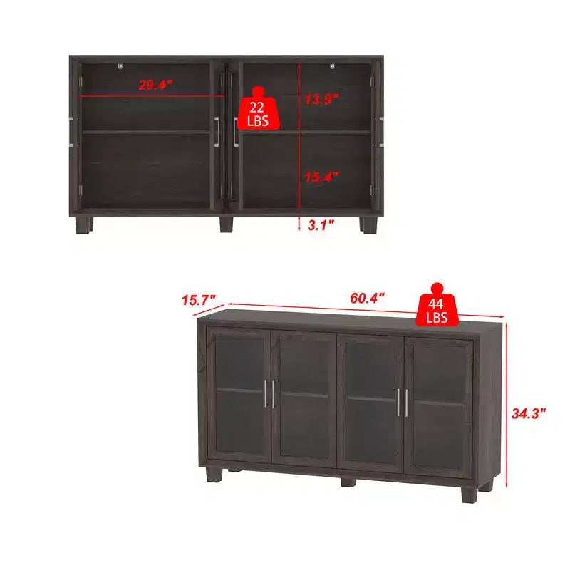 Placard de cuisine Famapy avec porte vitrée, buffet de cuisine, armoire de rangement multi-étagères pour l'organisation, pour salle à manger, marron/blanc