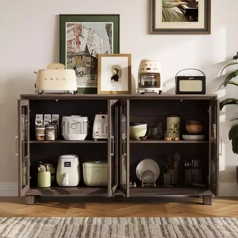 Placard de cuisine Famapy avec porte vitrée, buffet de cuisine, armoire de rangement multi-étagères pour l'organisation, pour salle à manger, marron/blanc