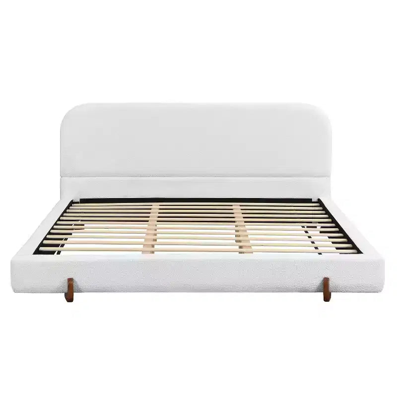 Cadre de lit rembourré California King, lit plateforme élégant en tissu chenille avec pieds en bois d'hévéa massif - ModernLuxe