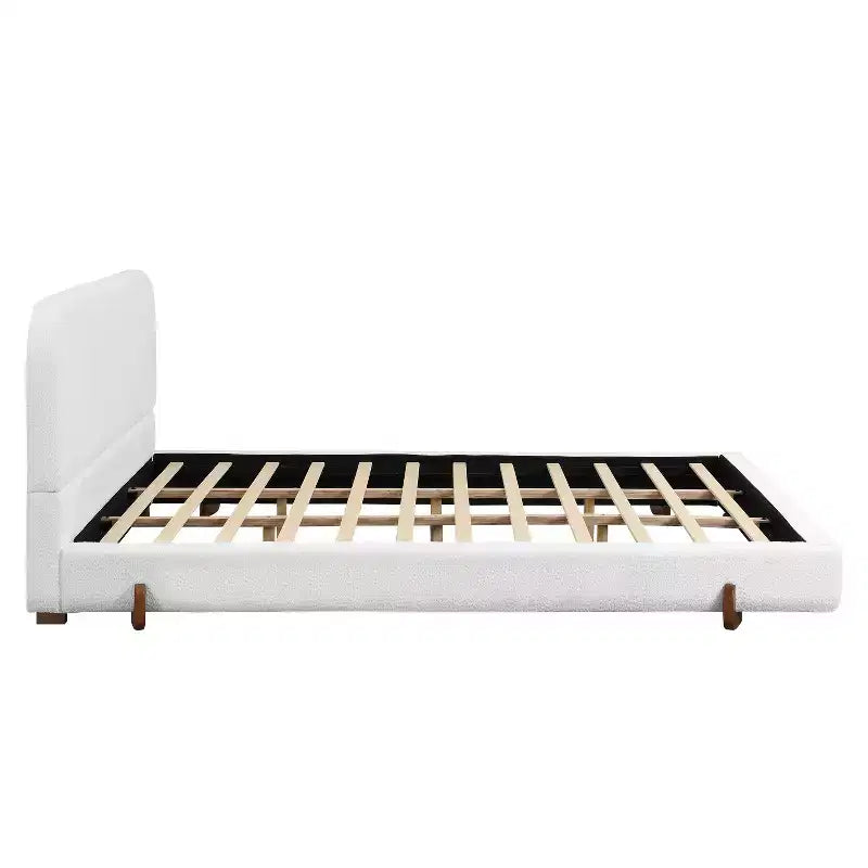 Cadre de lit rembourré California King, lit plateforme élégant en tissu chenille avec pieds en bois d'hévéa massif - ModernLuxe
