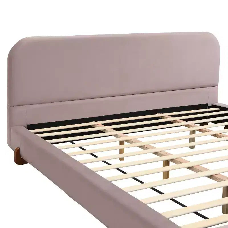 Cadre de lit rembourré California King, lit plateforme élégant en tissu chenille avec pieds en bois d'hévéa massif - ModernLuxe
