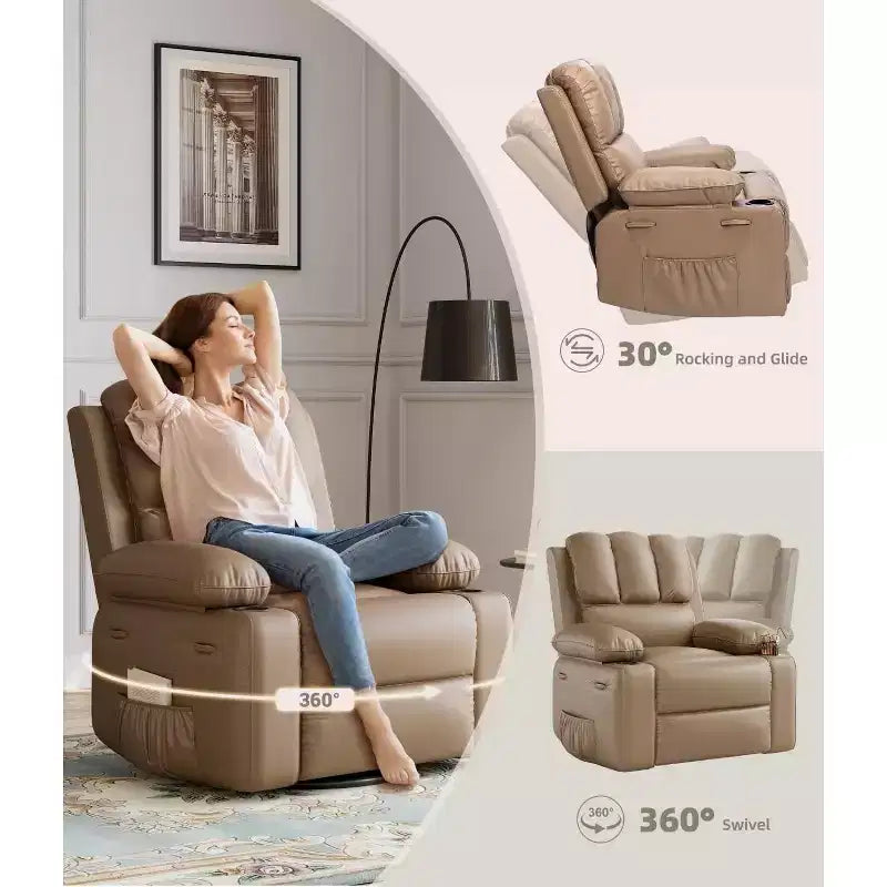 Fauteuil inclinable électrique 360° surdimensionné, pivotant et berçant, avec fonction chauffante et massante (similicuir, pour salon/chambre/crèche)