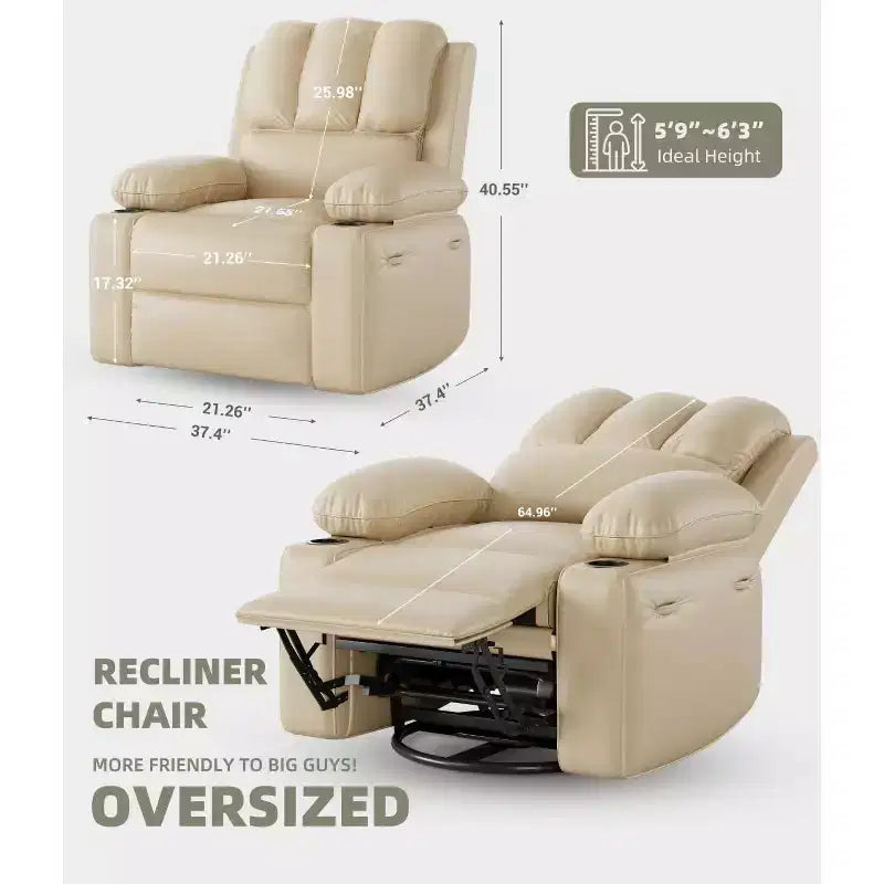 Fauteuil inclinable électrique 360° surdimensionné, pivotant et berçant, avec fonction chauffante et massante (similicuir, pour salon/chambre/crèche)