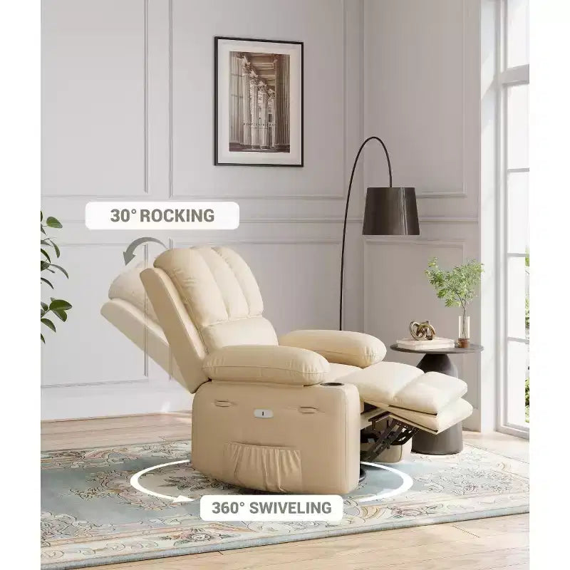 Fauteuil inclinable électrique 360° surdimensionné, pivotant et berçant, avec fonction chauffante et massante (similicuir, pour salon/chambre/crèche)