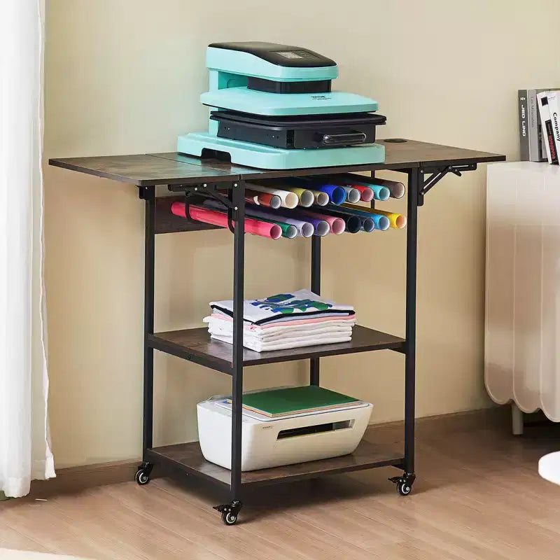Table de presse à chaud VEVOR, support de presse à chaud mobile à 3 niveaux, support de machine de transfert de chaleur pliable avec roulettes et porte-rouleaux de vinyle, noir et marron