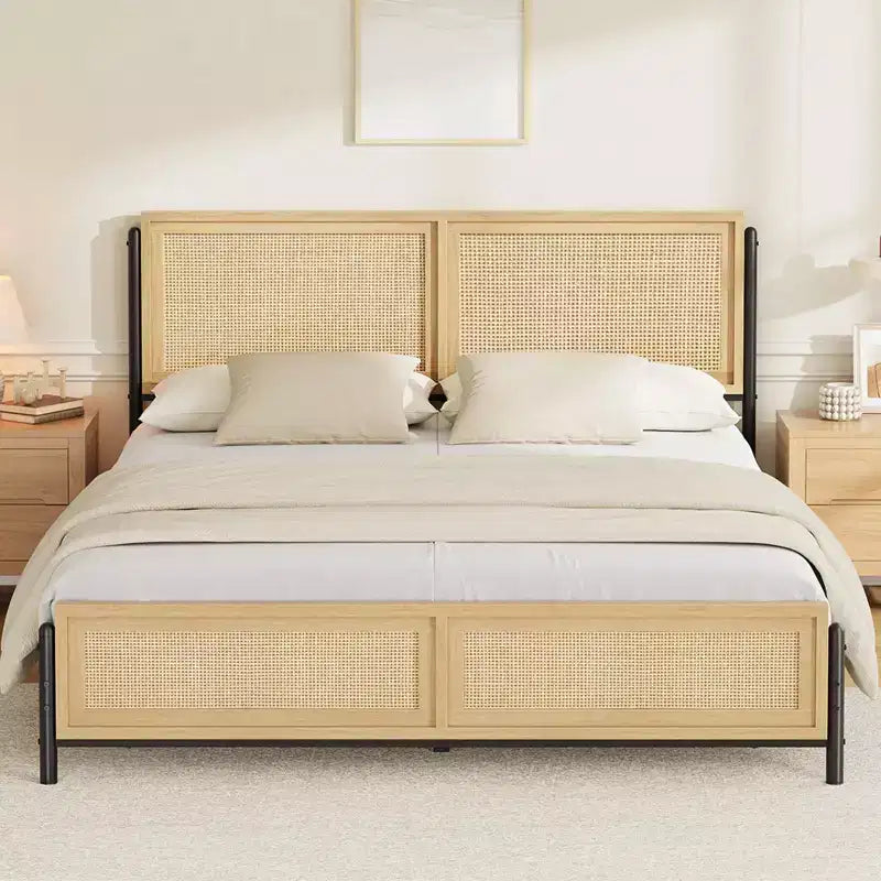 Boho Style Full/Queen/King Size Bed Frame with Rattan Headboard and Footboard, 14 Metal Platform, Wood Grain, Quiet, No Box Spring Required