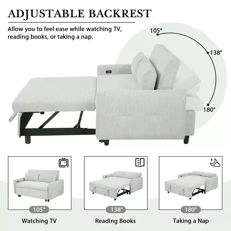 Canapé-lit Clihome multi-angle inclinable en velours côtelé doux, dossier réglable sur 3 positions avec ports USB