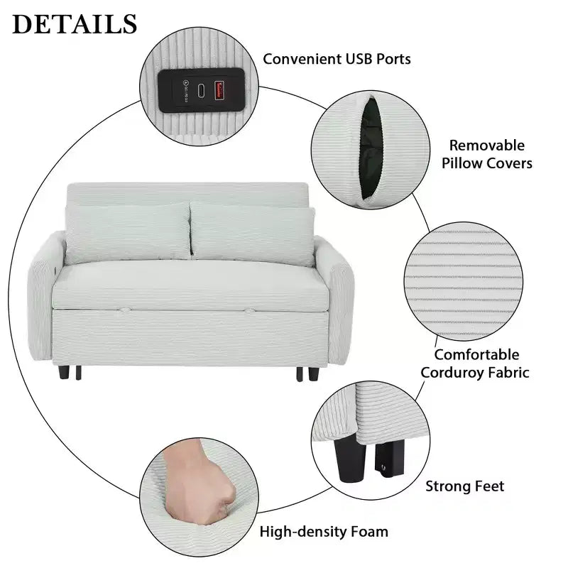 Canapé-lit Clihome multi-angle inclinable en velours côtelé doux, dossier réglable sur 3 positions avec ports USB
