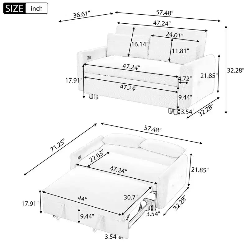 Canapé-lit Clihome multi-angle inclinable en velours côtelé doux, dossier réglable sur 3 positions avec ports USB