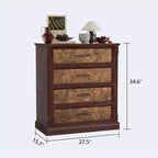 Commode haute à 4 tiroirs style rustique, commode en bois rustique avec poignées en métal, armoire de rangement pour chambre, salon, couloir