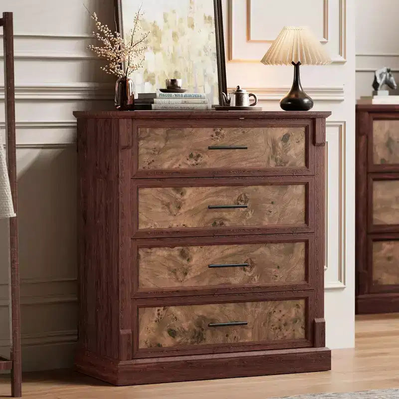 Farmhouse Tall 4-Drawer Dresser, Rustic Wood Chest with Metal Handles, Storage Cabinet for Bedroom, Living Room, Hall