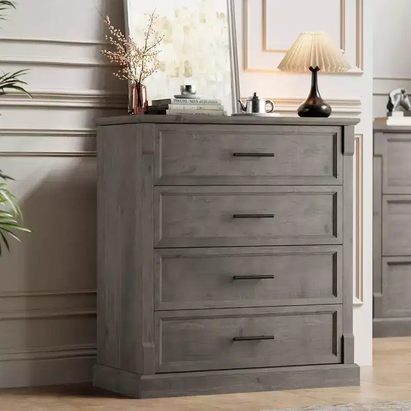 Commode haute à 4 tiroirs style rustique, commode en bois rustique avec poignées en métal, armoire de rangement pour chambre, salon, couloir