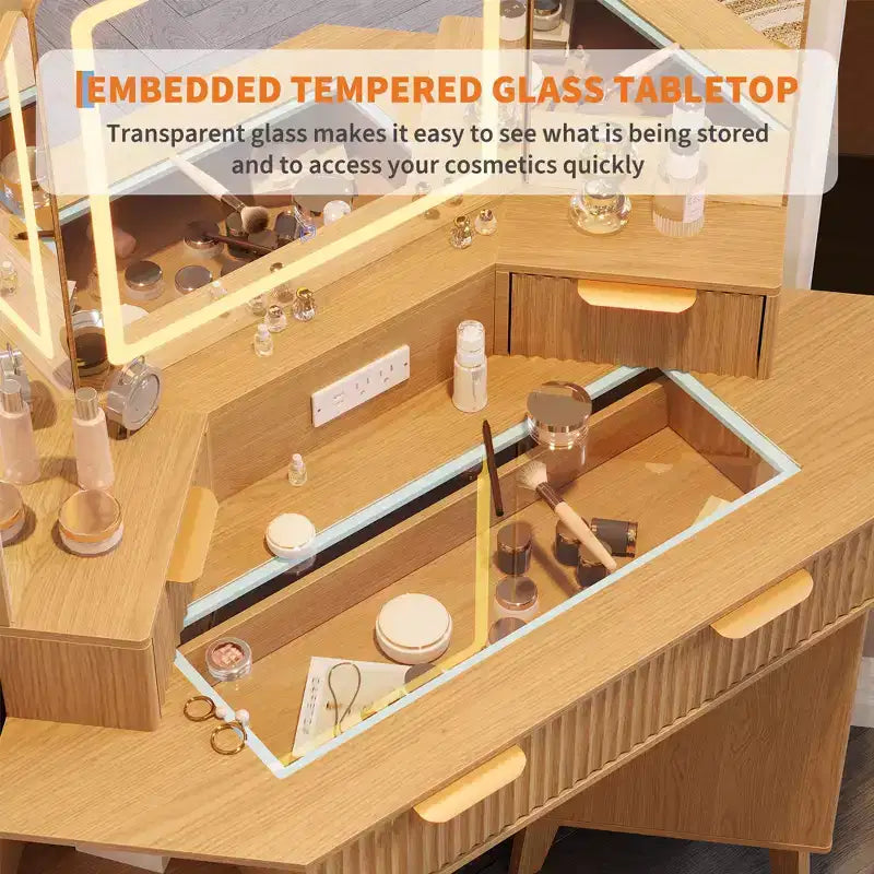 COZONY Coiffeuse d'angle 48 avec miroir triple HD éclairé, plateau en verre, station de charge