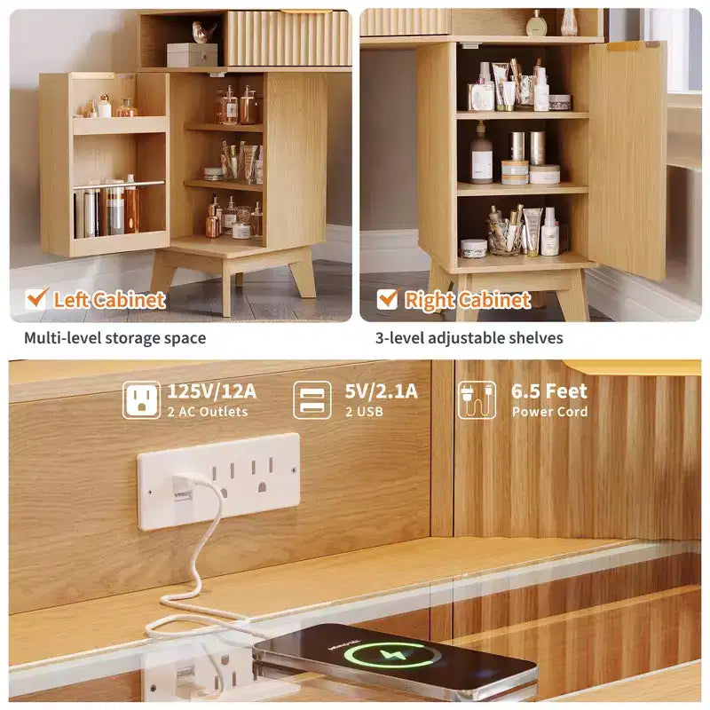 COZONY Coiffeuse d'angle 48 avec miroir triple HD éclairé, plateau en verre, station de charge