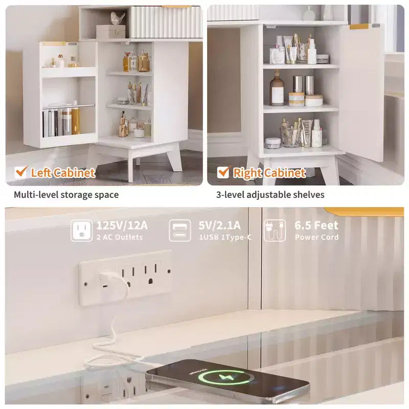 COZONY Coiffeuse d'angle 48 avec miroir triple HD éclairé, plateau en verre, station de charge