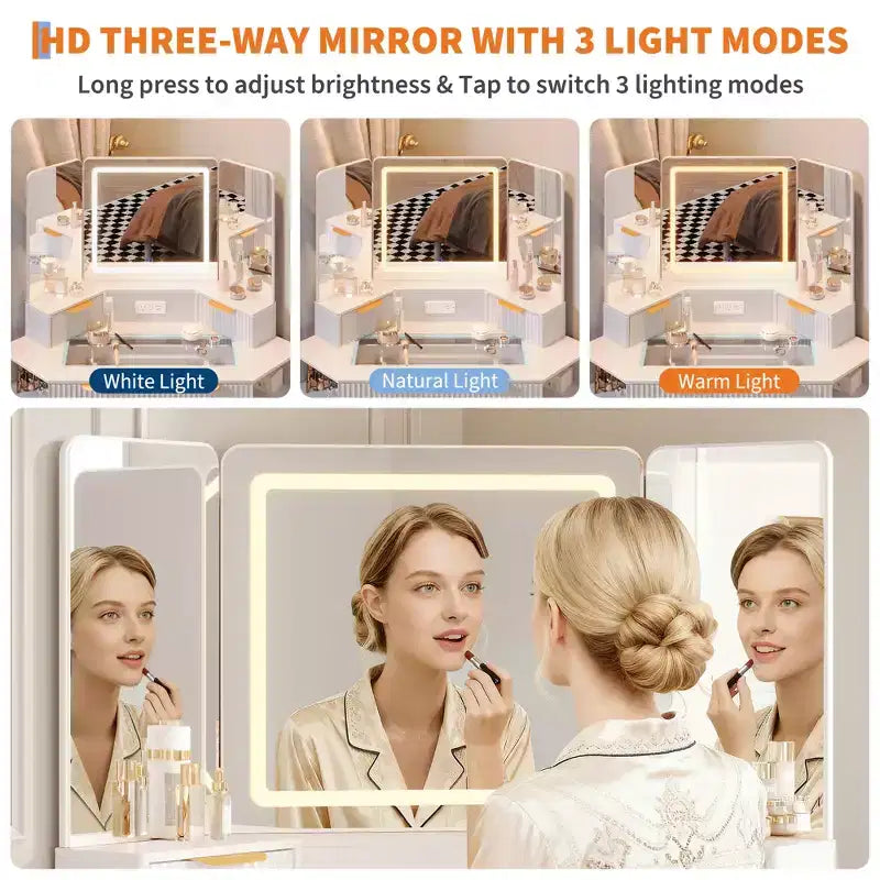 COZONY Coiffeuse d'angle 48 avec miroir triple HD éclairé, plateau en verre, station de charge