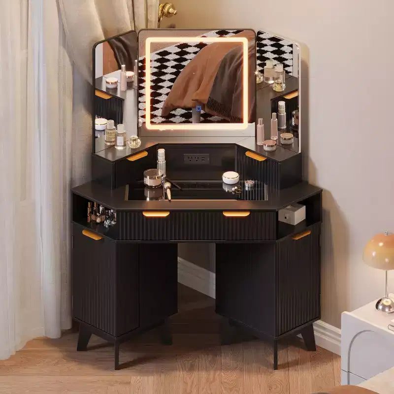 COZONY Coiffeuse d'angle 48 avec miroir triple HD éclairé, plateau en verre, station de charge