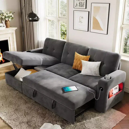 84 Modern Sofa Couch, 3 Seater Upholstered Sleeper Sofa Bed with Pull Out Bed & Storage, Deep Seat Sofa Couch for Living Room Bedroom Apartment