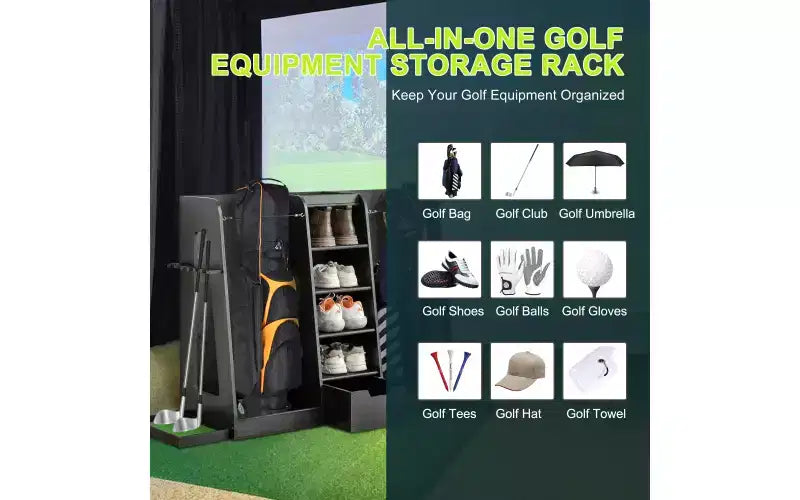 Zevemomo 55,5x16x37 Organisateur de sacs de golf en bois avec 2 tiroirs, support de rangement de golf et porte-club latéral, support pour garage à domicile, noir