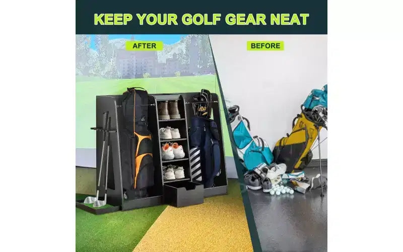 Zevemomo 55,5x16x37 Organisateur de sacs de golf en bois avec 2 tiroirs, support de rangement de golf et porte-club latéral, support pour garage à domicile, noir