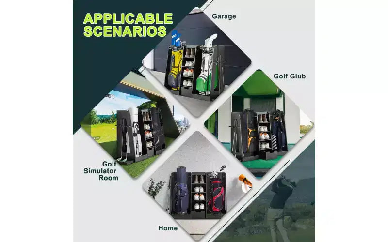 Zevemomo 55,5x16x37 Organisateur de sacs de golf en bois avec 2 tiroirs, support de rangement de golf et porte-club latéral, support pour garage à domicile, noir
