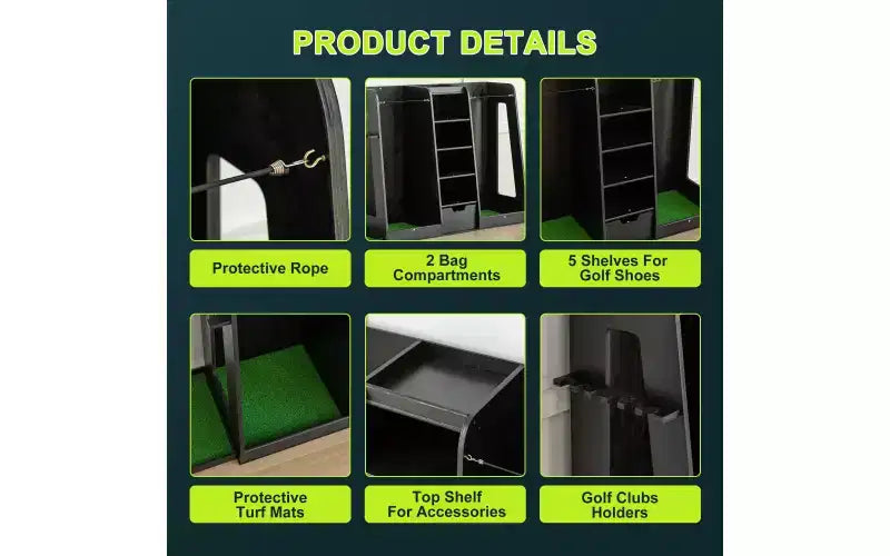 Zevemomo 55,5x16x37 Organisateur de sacs de golf en bois avec 2 tiroirs, support de rangement de golf et porte-club latéral, support pour garage à domicile, noir