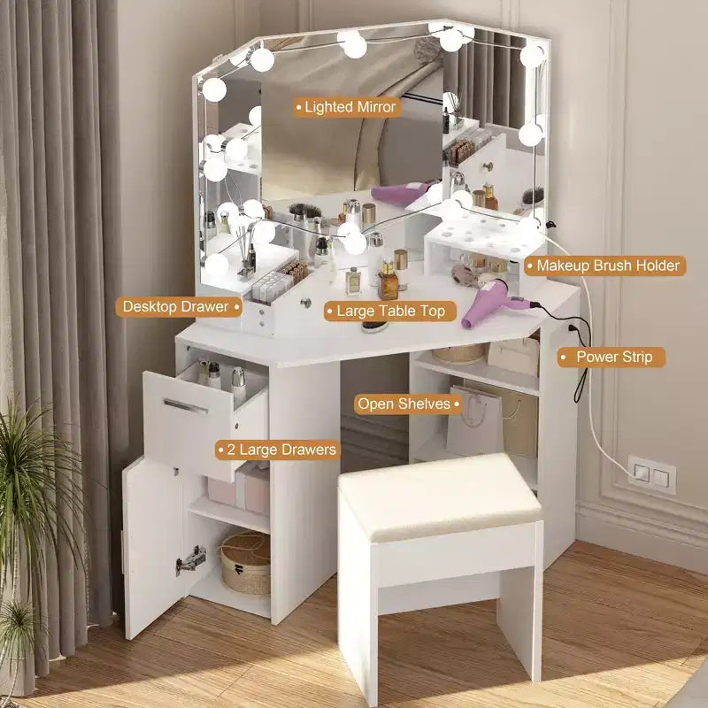 COZONY Coiffeuse d'Angle avec Miroir Éclairé et Prises, Tiroirs et Étagères, Table de Maquillage avec Tabouret Rembourré
