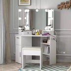 COZONY Coiffeuse d'Angle avec Miroir Éclairé et Prises, Tiroirs et Étagères, Table de Maquillage avec Tabouret Rembourré