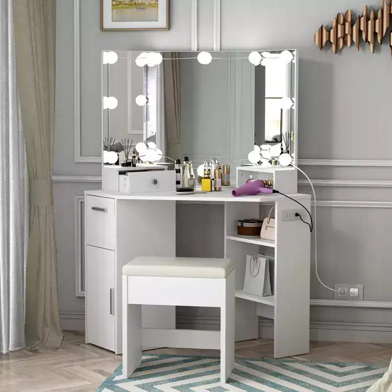 COZONY Coiffeuse d'Angle avec Miroir Éclairé et Prises, Tiroirs et Étagères, Table de Maquillage avec Tabouret Rembourré