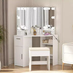 COZONY Coiffeuse d'Angle avec Miroir Éclairé et Prises, Tiroirs et Étagères, Table de Maquillage avec Tabouret Rembourré