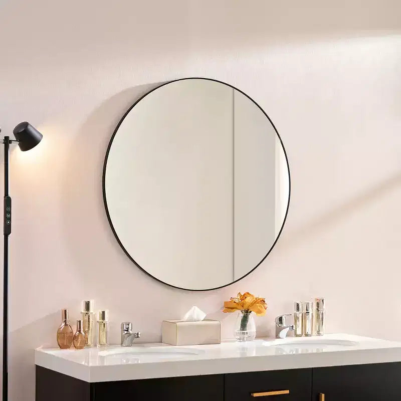Okak Miroir rond moderne 36 pouces avec cadre fin en aluminium, Miroir mural de salle de bain, Miroir de courtoisie pour salle de bain, salon, Noir