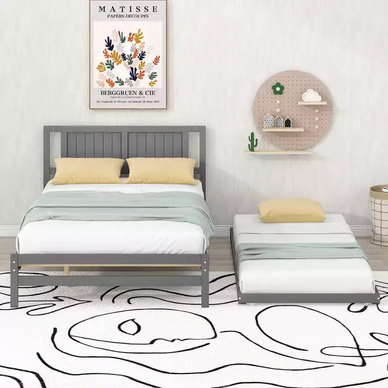 Lit plateforme double avec lit gigogne réglable simple, cadre de lit double en bois avec tête de lit pour chambre à coucher