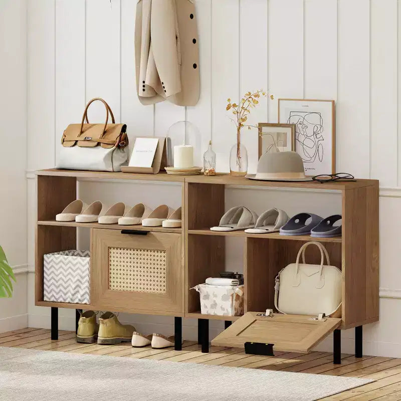 Table de chevet Costway Bohème en rotin, bout de canapé en bois avec étagère de rangement et pieds en métal