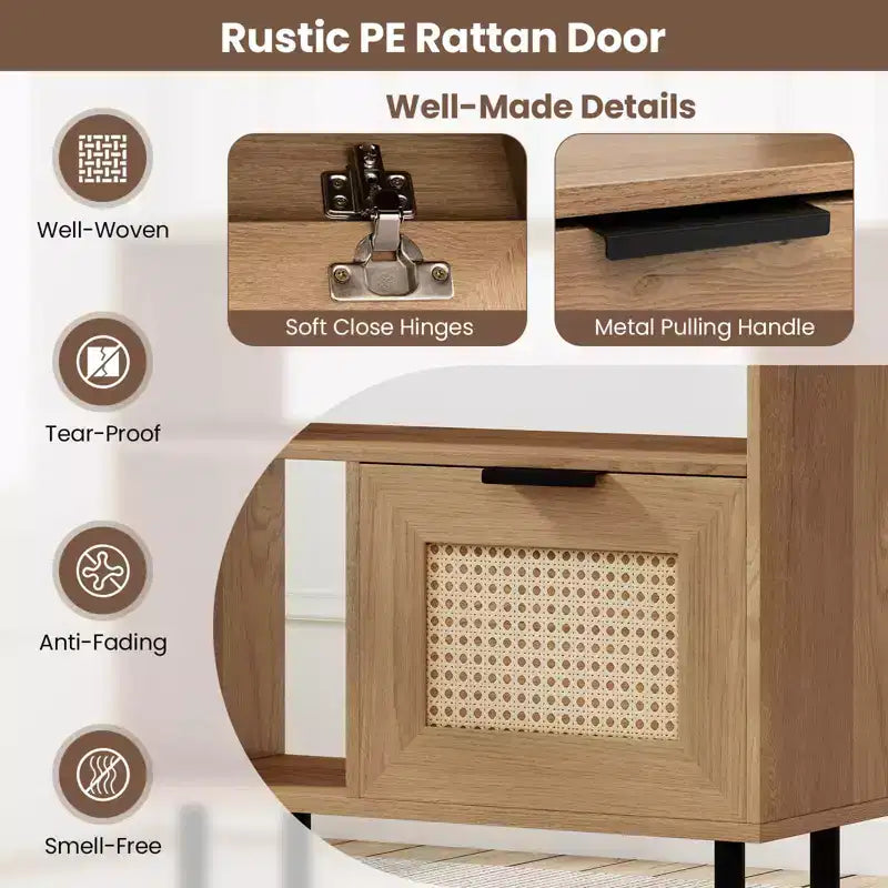 Table de chevet Costway Bohème en rotin, bout de canapé en bois avec étagère de rangement et pieds en métal