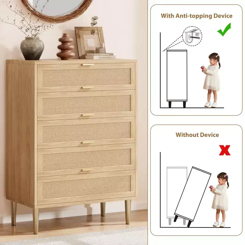 Commode à 5 tiroirs, haute pour petits espaces, meuble de rangement vertical étroit de style rustique pour chambre à coucher