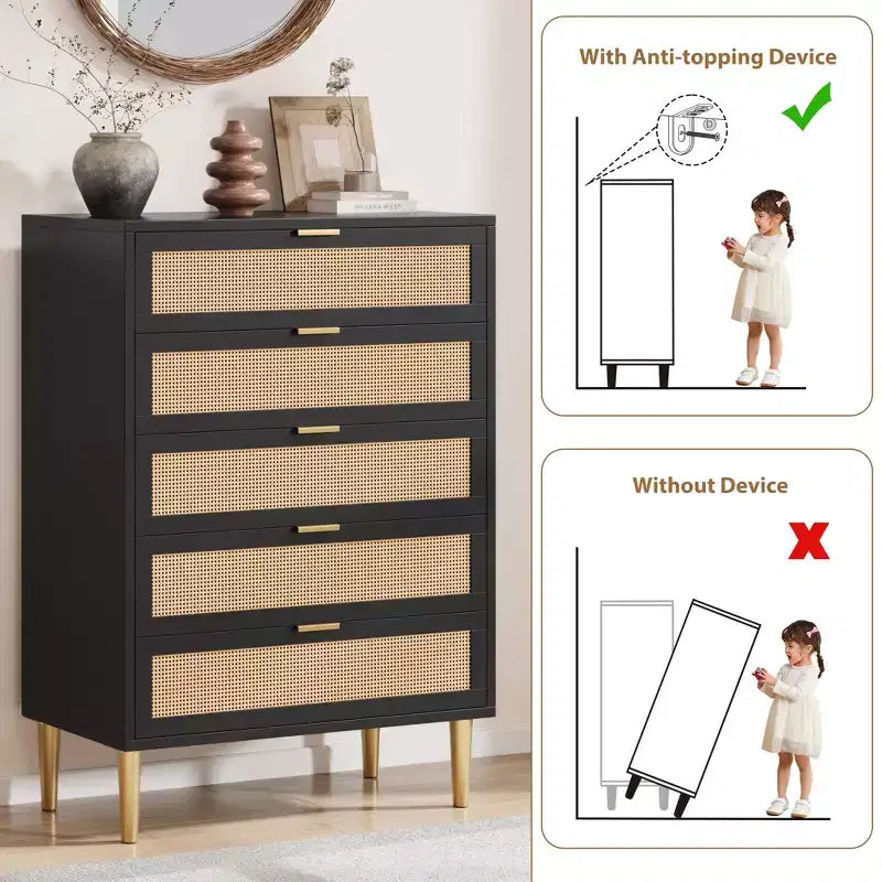 Commode à 5 tiroirs, haute pour petits espaces, meuble de rangement vertical étroit de style rustique pour chambre à coucher