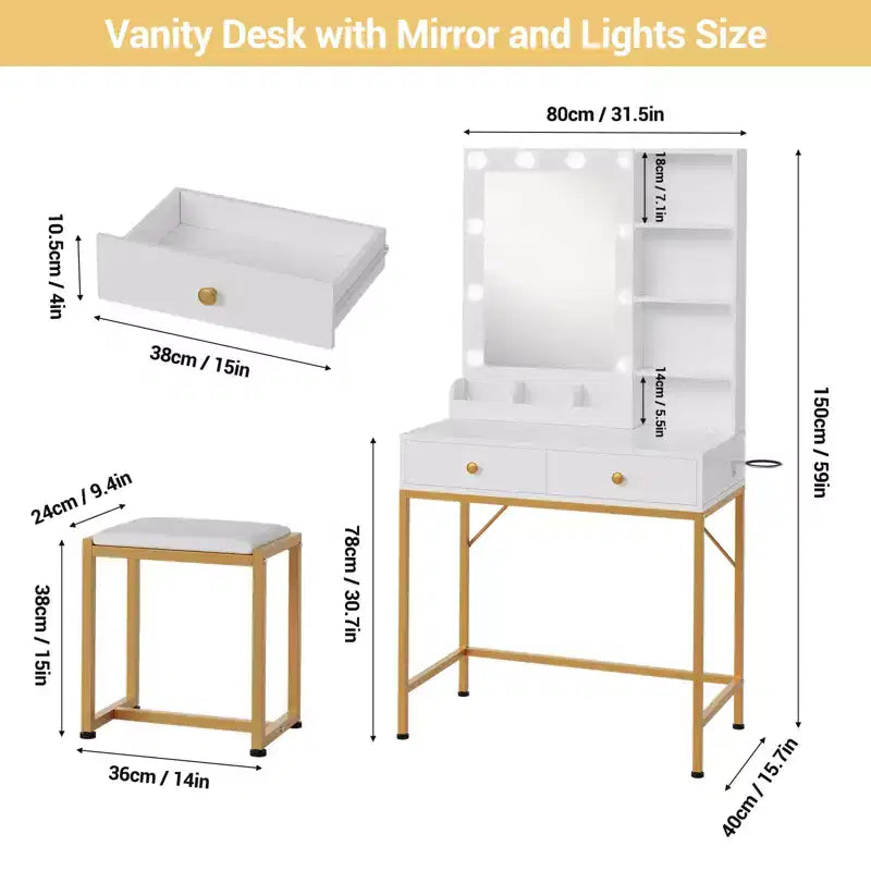Meuble de coiffeuse COZONY avec miroir, 3 modes d'éclairage, 2 tiroirs, station de recharge et tabouret pour chambre/dressing